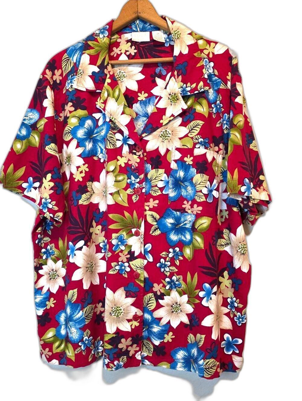 VTG Erika Woman Red Hawaiian Shirt Floral Tropical Coastal Resort Beach Size 2X